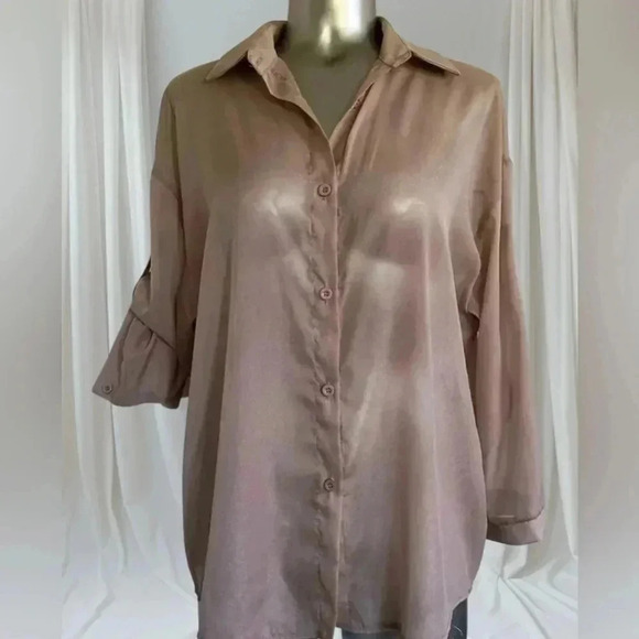 ✅Women’s Sheer  Nude Pink Oversized Blouse - Picture 1 of 14